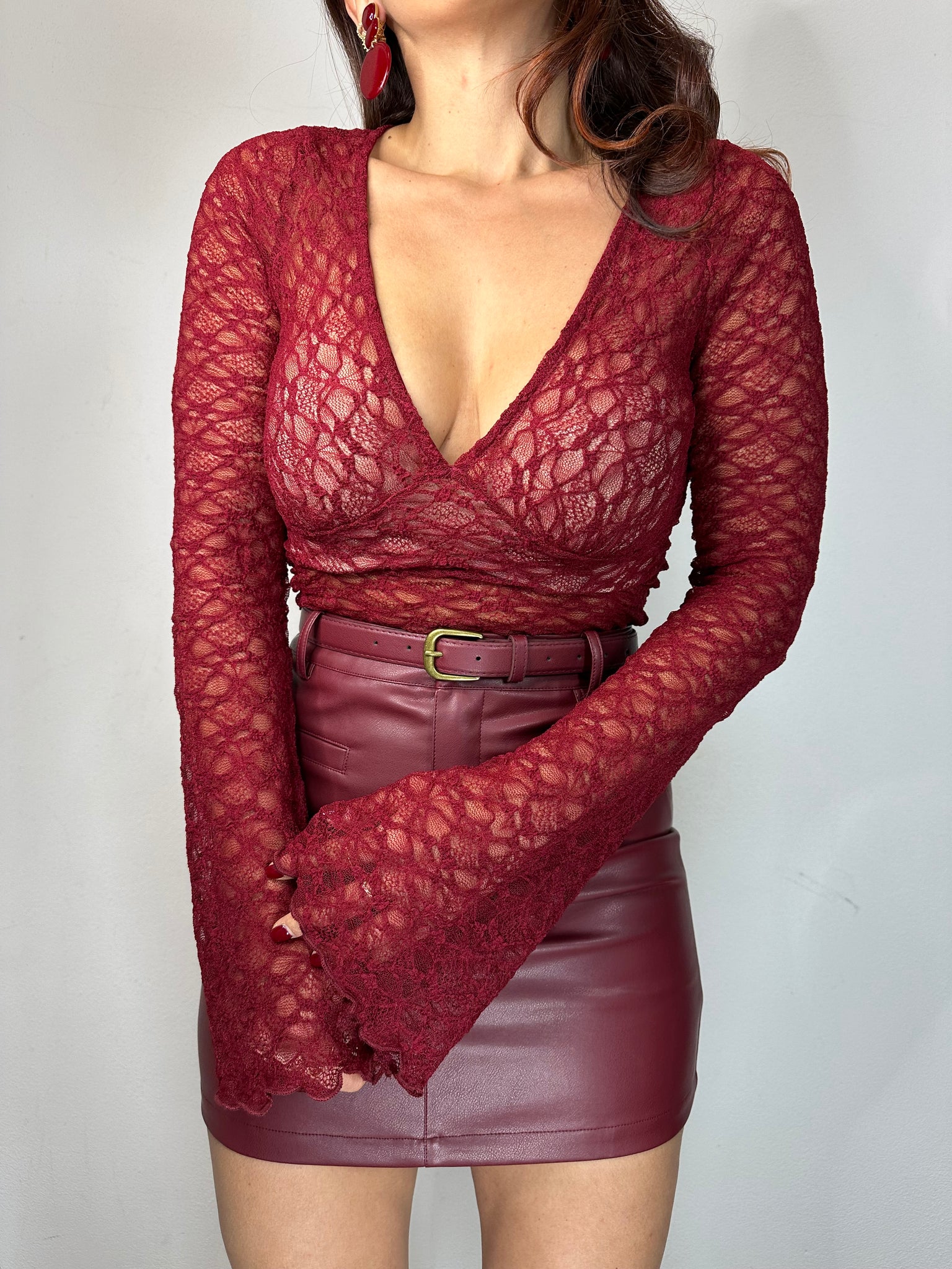 MAGLIA PIZZO MANICA LUNGA BORDEAUX