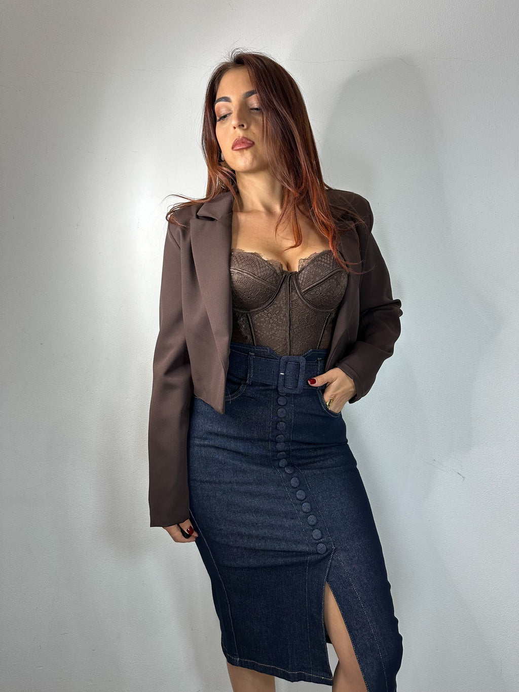 LONGUETTE JEANS SCURO CON CINTURA