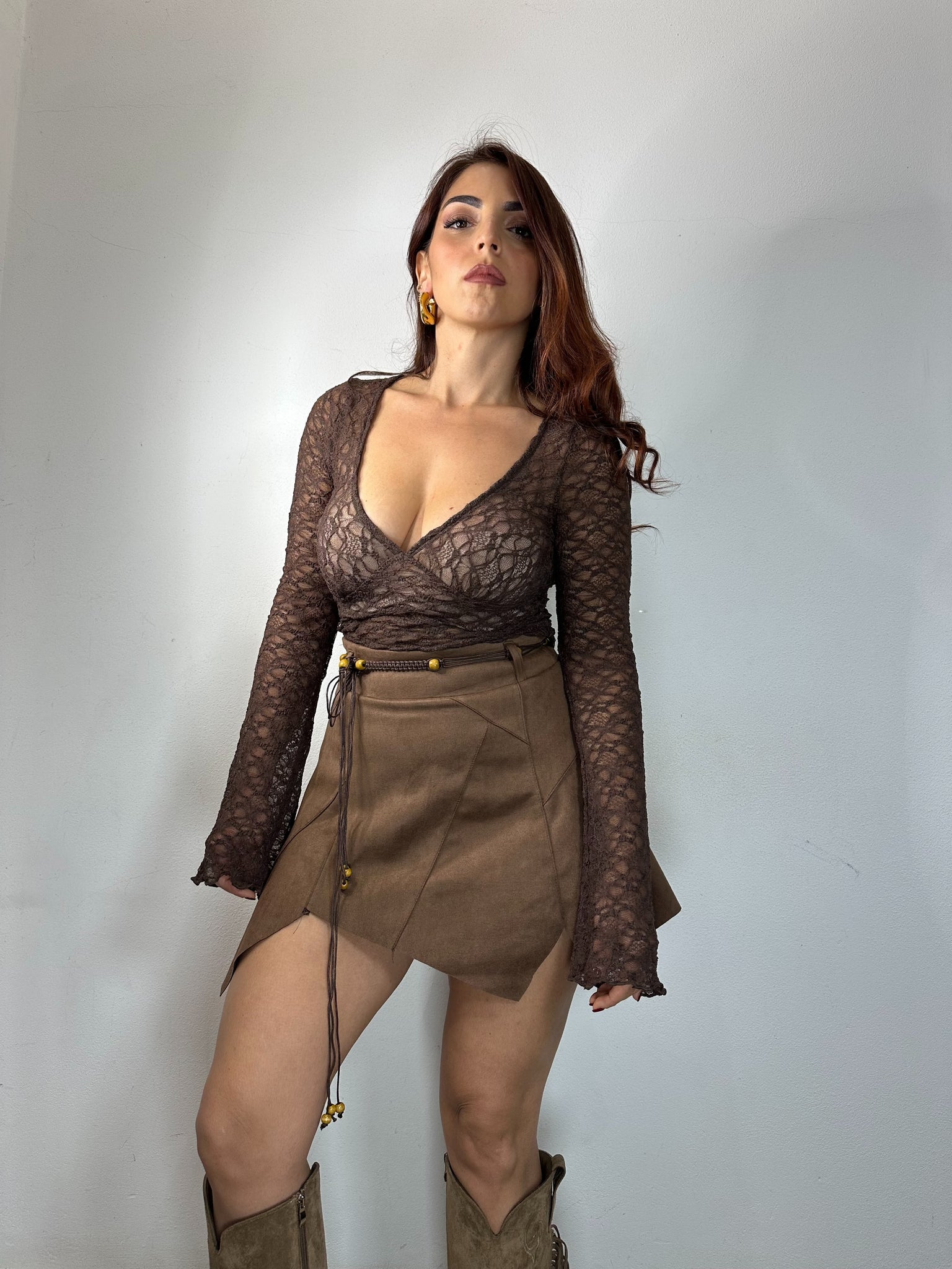 MAGLIA PIZZO MANICA LUNGA MARRONE