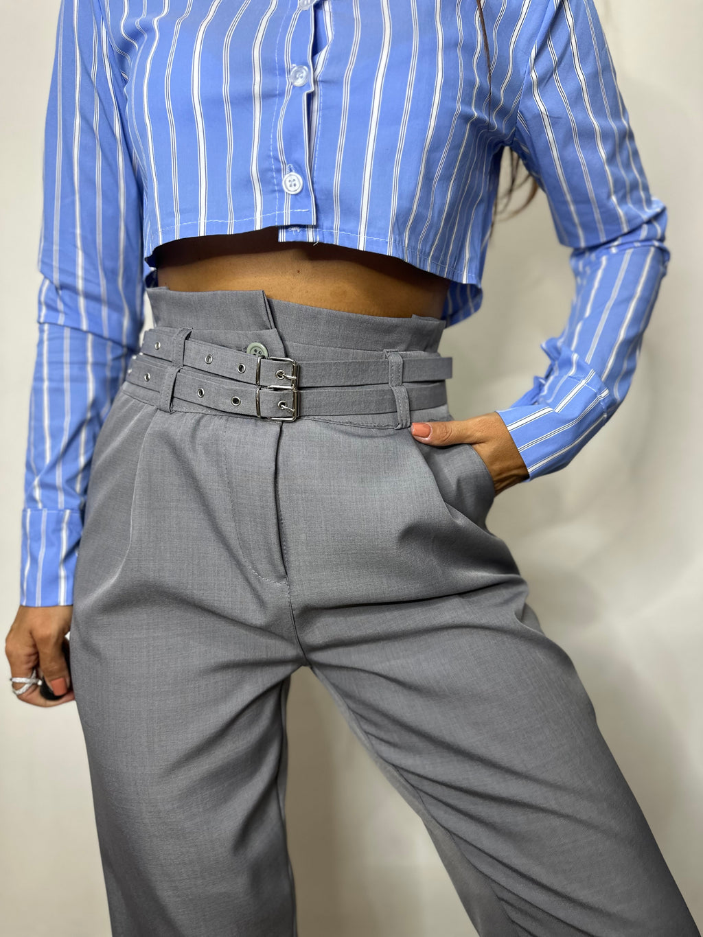 PANTALONI DOPPIA CINTURA GRIGIO