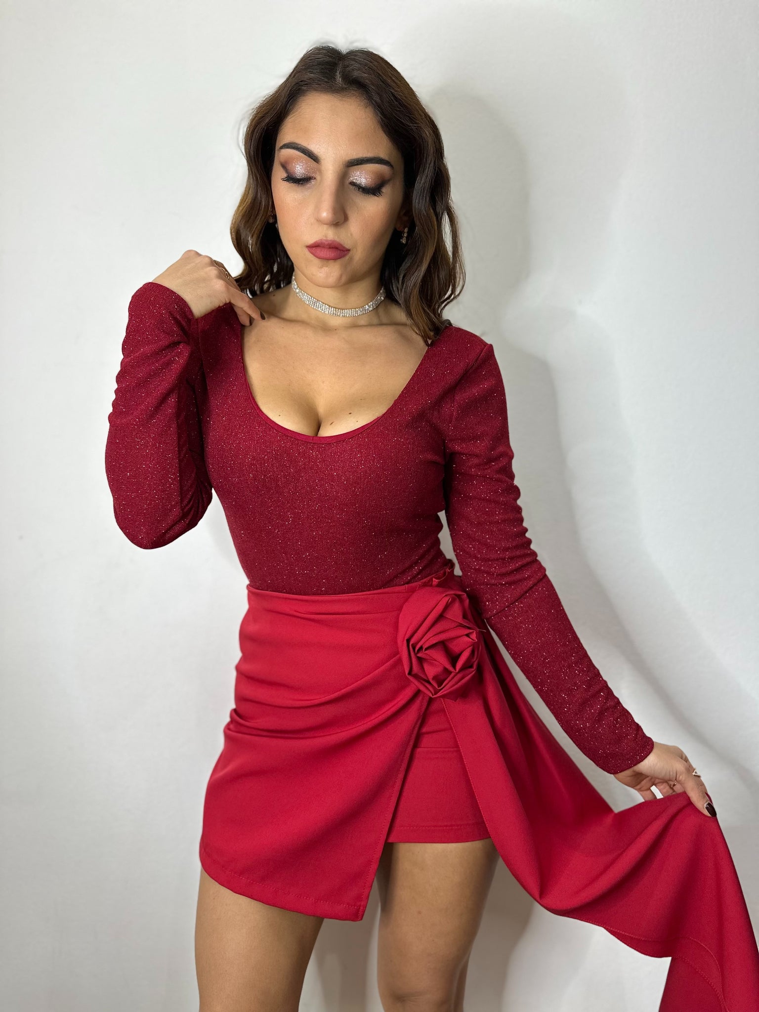 MINIGONNA ROSSA CON ROSA