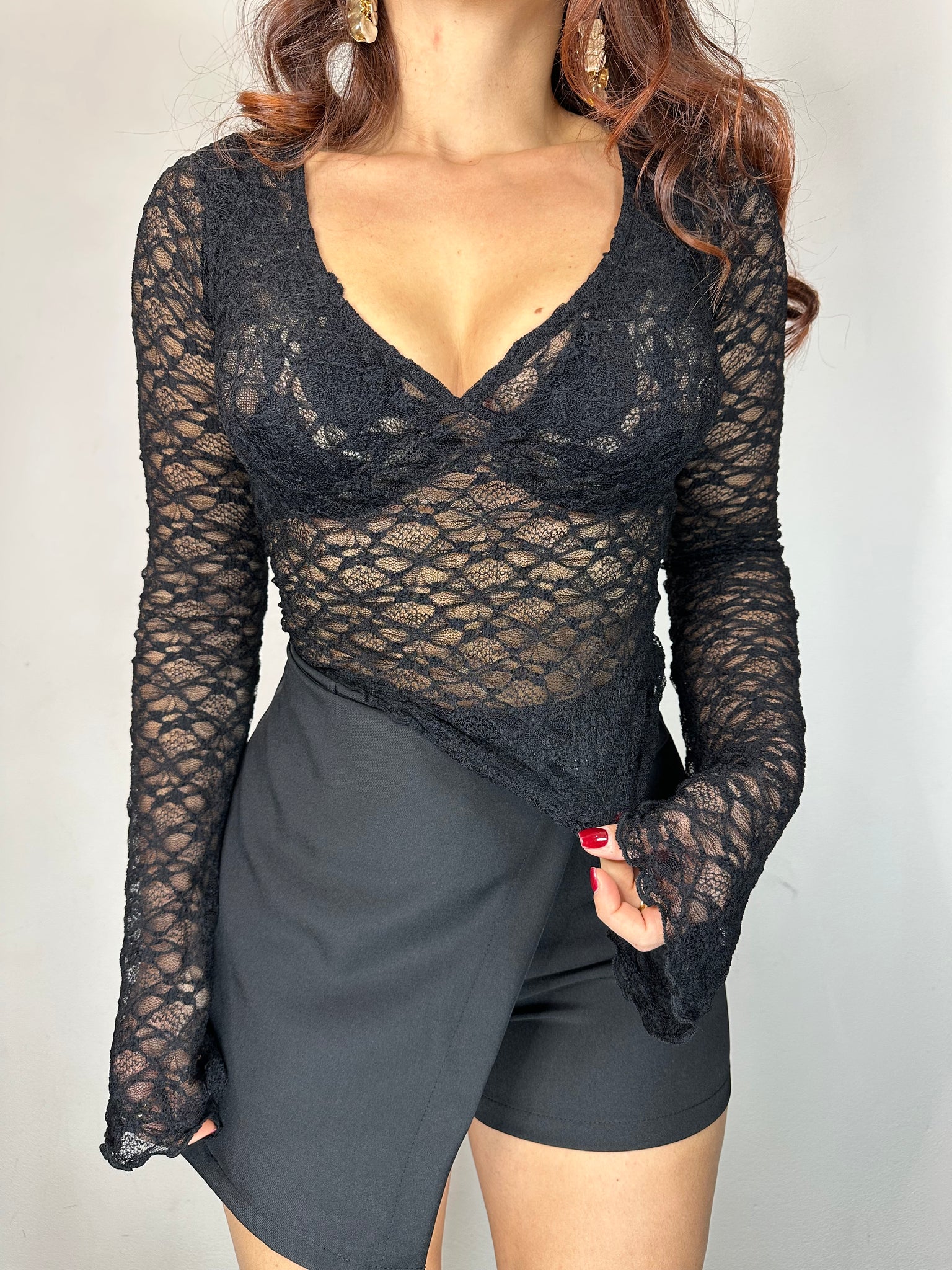 MAGLIA PIZZO MANICA LUNGA NERO