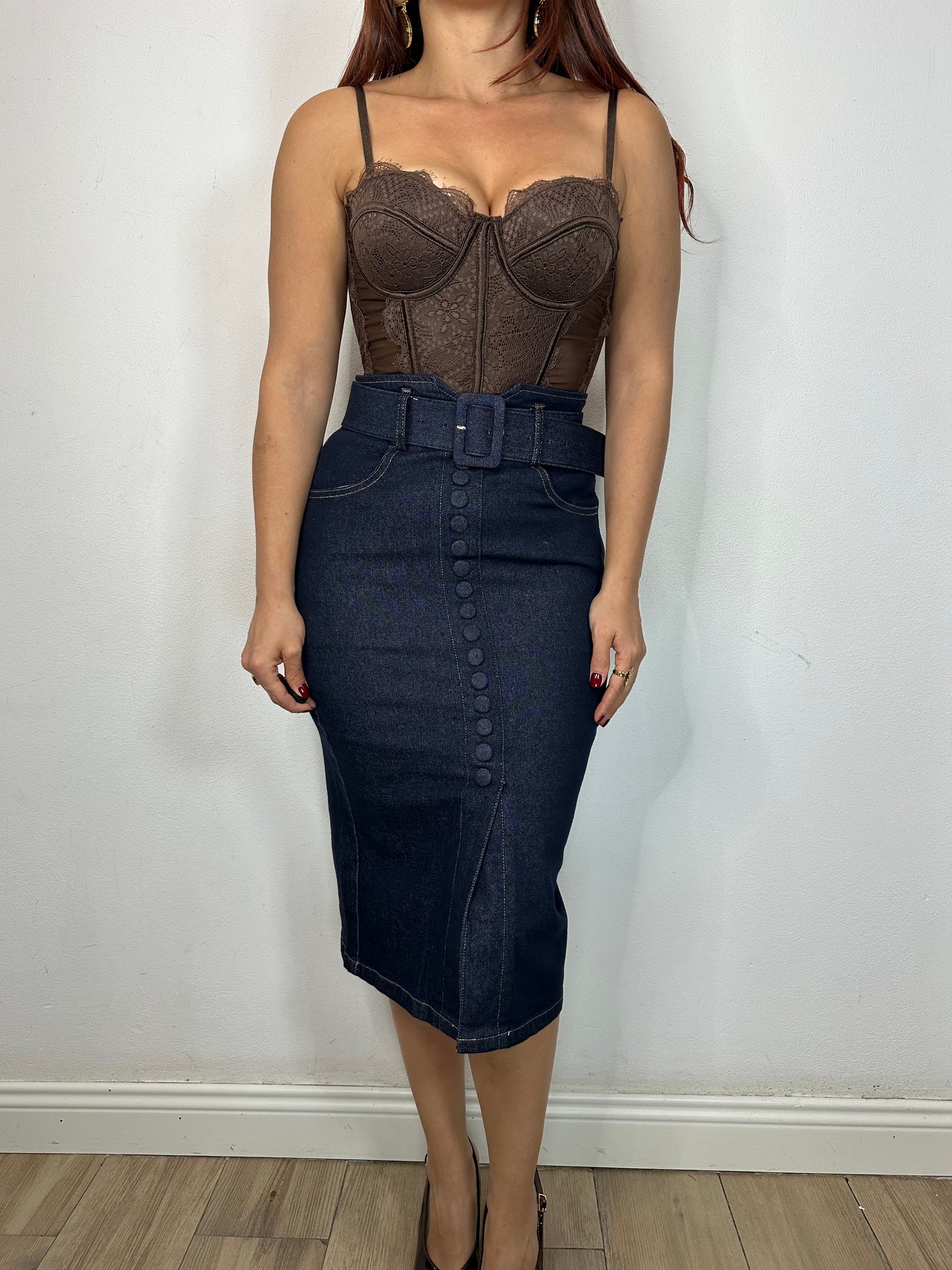 LONGUETTE JEANS SCURO CON CINTURA