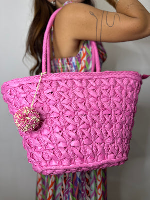 BORSA RAFIA CON POMPON