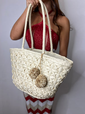 BORSA RAFIA CON POMPON