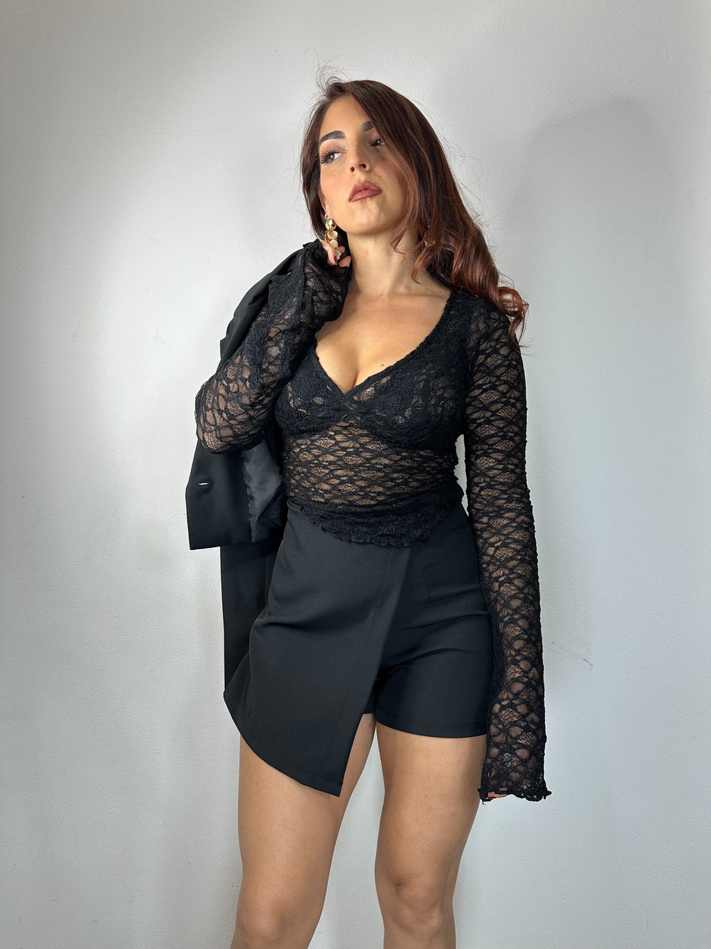 MAGLIA PIZZO MANICA LUNGA NERO