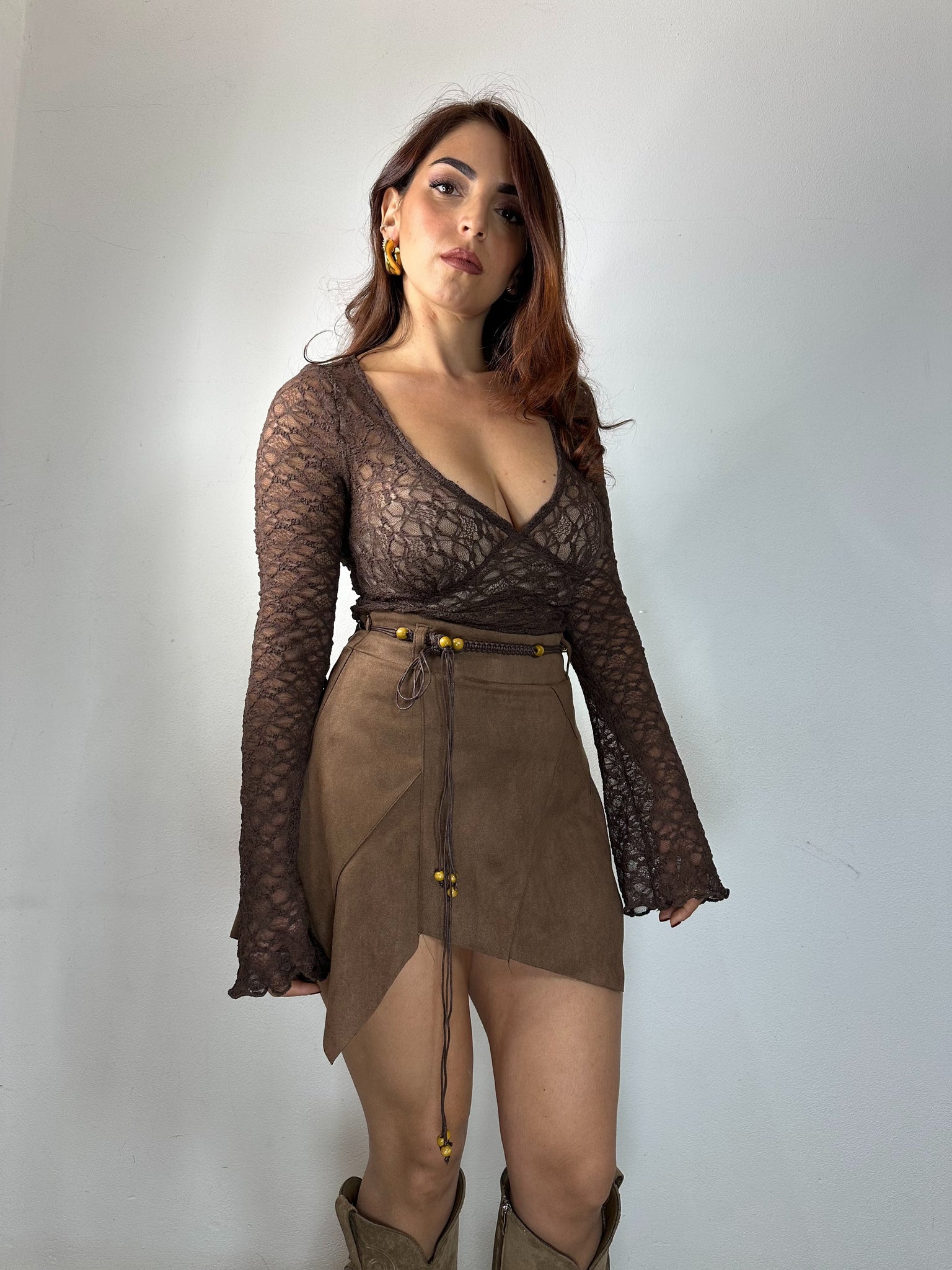 MAGLIA PIZZO MANICA LUNGA MARRONE